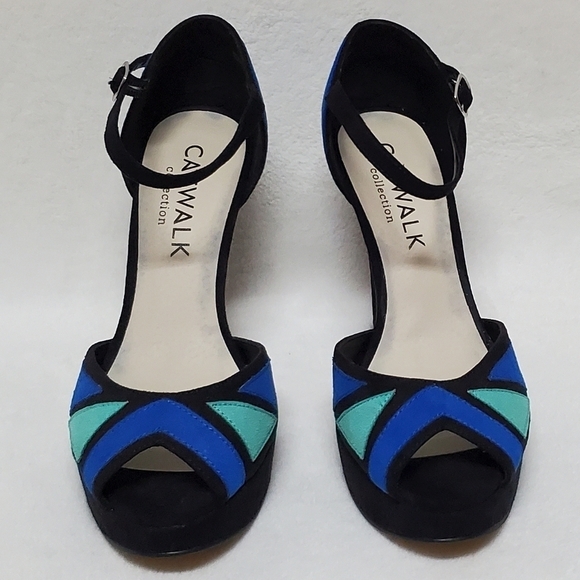 CATWALK Collection Blue Green Colorblock Faux Suede Ankle-Strap Platform Heels - Picture 7 of 13
